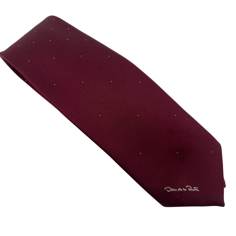 Oscar de la Renta Mens Burgundy Pin Dot Silk Necktie Designer Classic Formal Tie